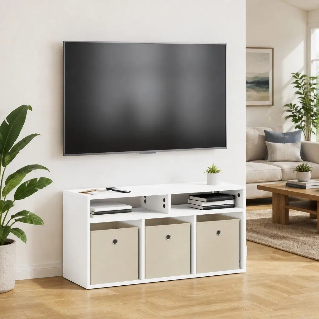 White Lowboard TV Unit Modern Living Room Storage Organizer 87 x 27.5 x 43 cm
