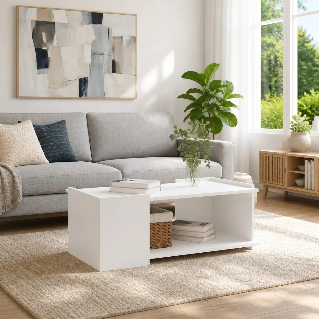 Coffee Table Modern White Open Storage 90 x 50 x 33 cm