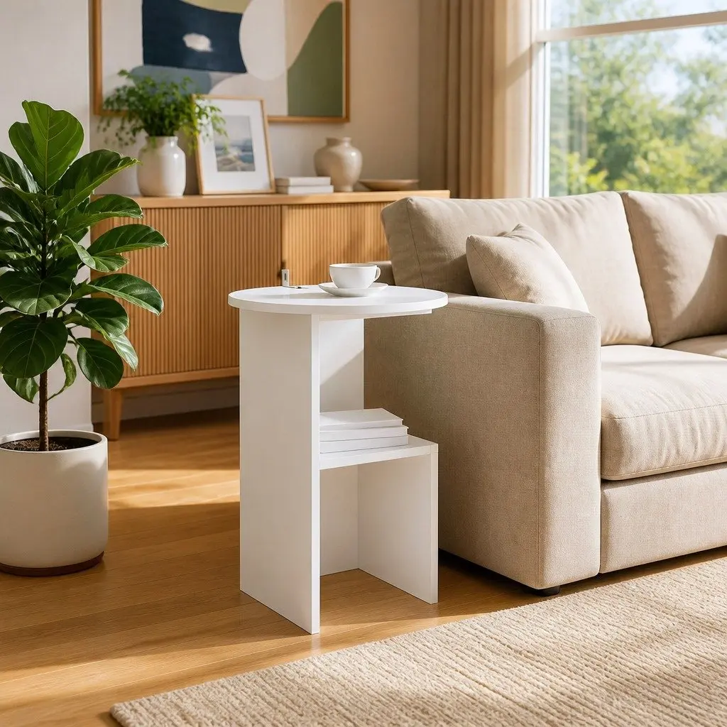Side Table White Modern Accent Coffee Table Engineered Wood 39.5 cm Diameter 55 cm Height