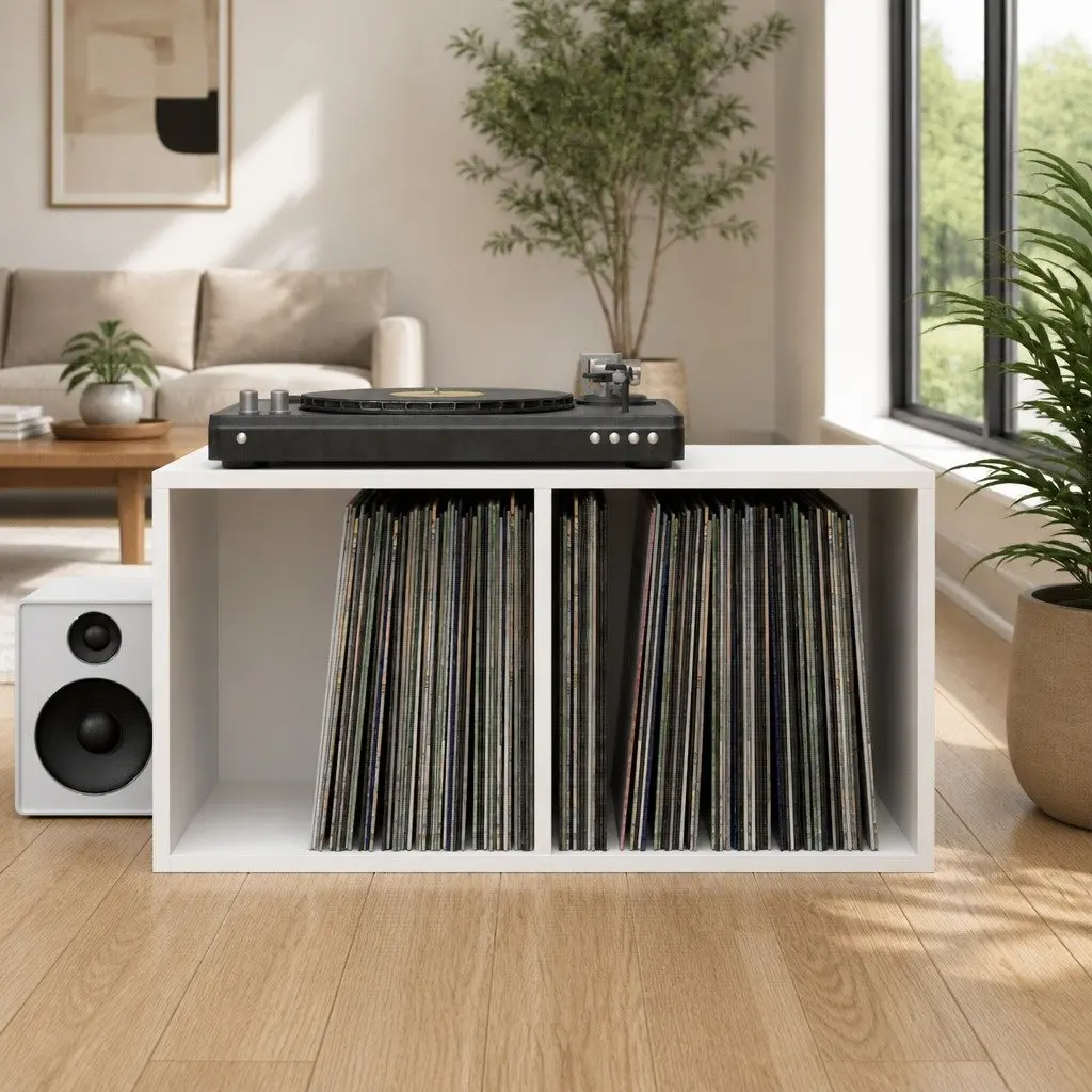 Vinyl Record Cabinet Compact White Storage Box 71x34x36cm Media Organizer