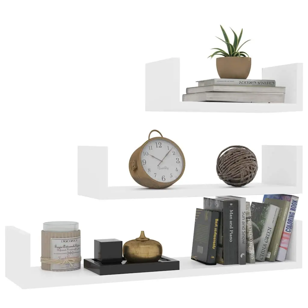 Wall Display Shelf U Shaped White Engineered Wood 3 Piece Set