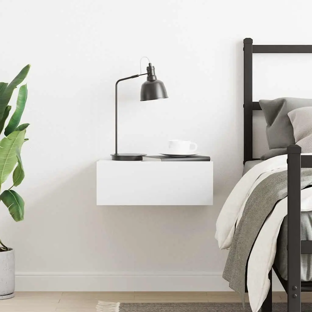 Floating Bedside Table White Wall-Mounted Nightstand Storage Drawer Compact