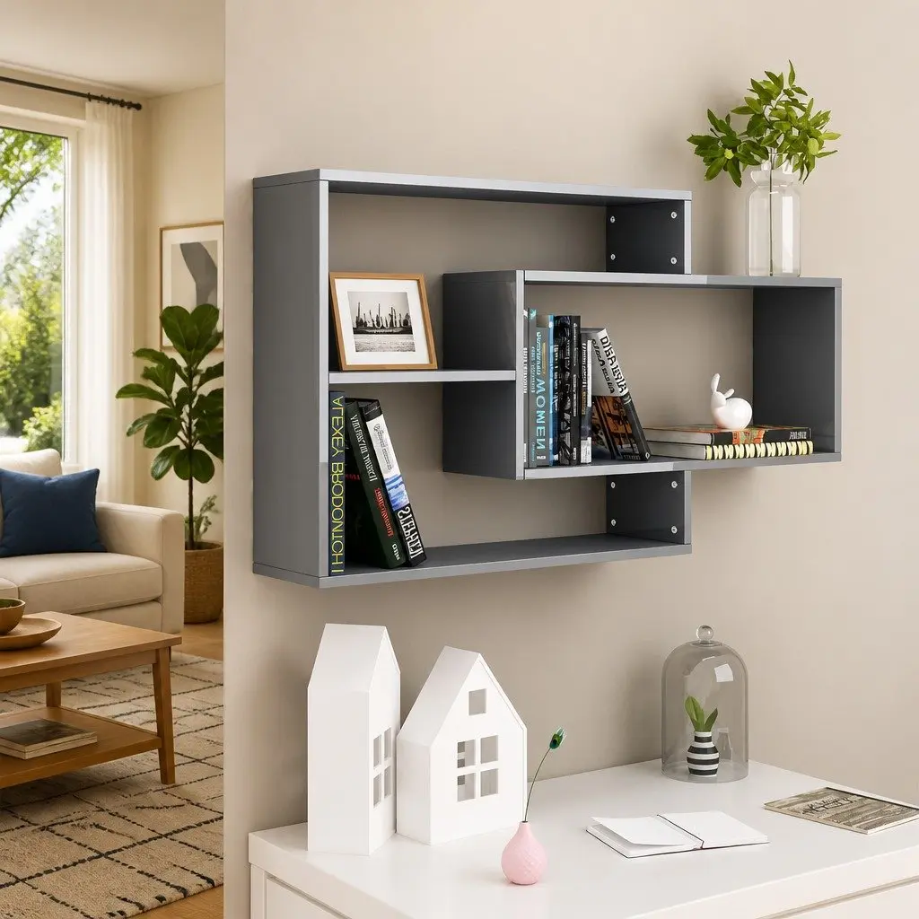 Wall Shelves High Gloss Grey 3 Open Compartments Storage Display Unit