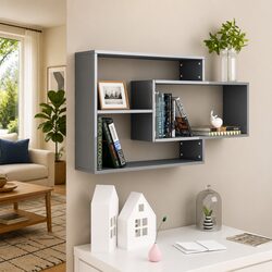 Wall Shelves Grey High Gloss Storage Display Unit Open Compartments Home Office