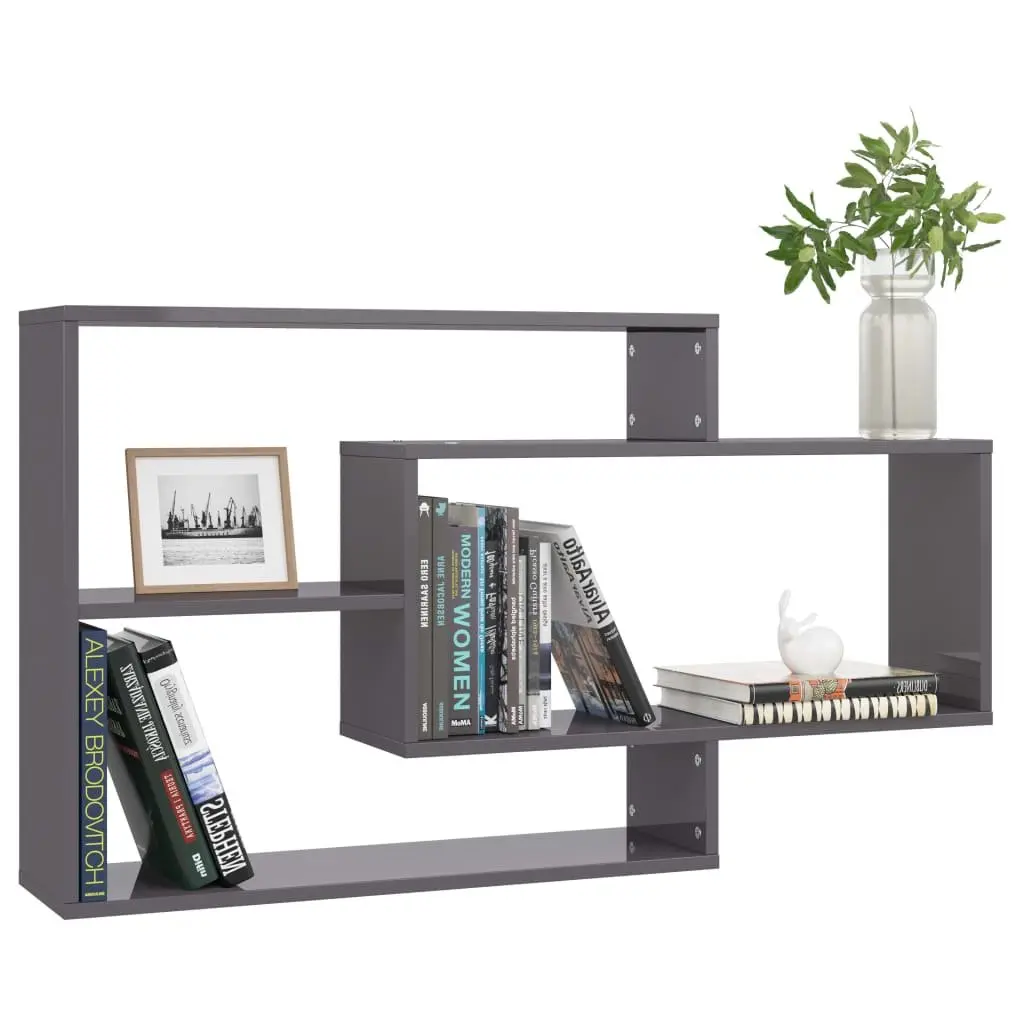 Wall Shelves High Gloss Grey 3 Open Compartments Storage Display Unit