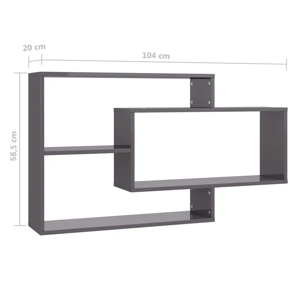 Wall Shelves High Gloss Grey 3 Open Compartments Storage Display Unit