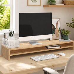 Monitor Stand Engineered Wood Brown Dual Screen Riser Desk Organizer Shelf