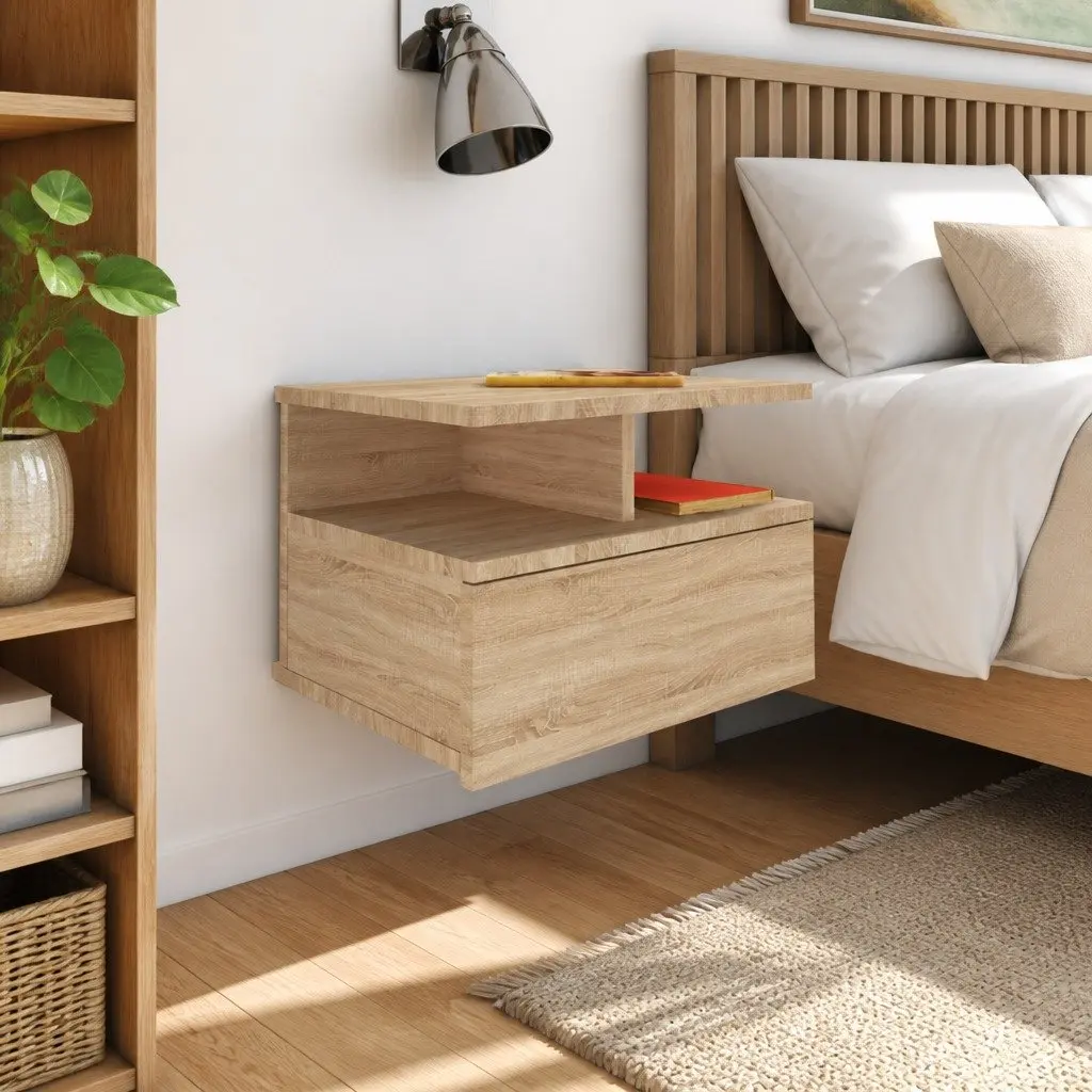 Floating Bedside Table Wall-Mounted Nightstand Sonoma Oak Storage Cabinet
