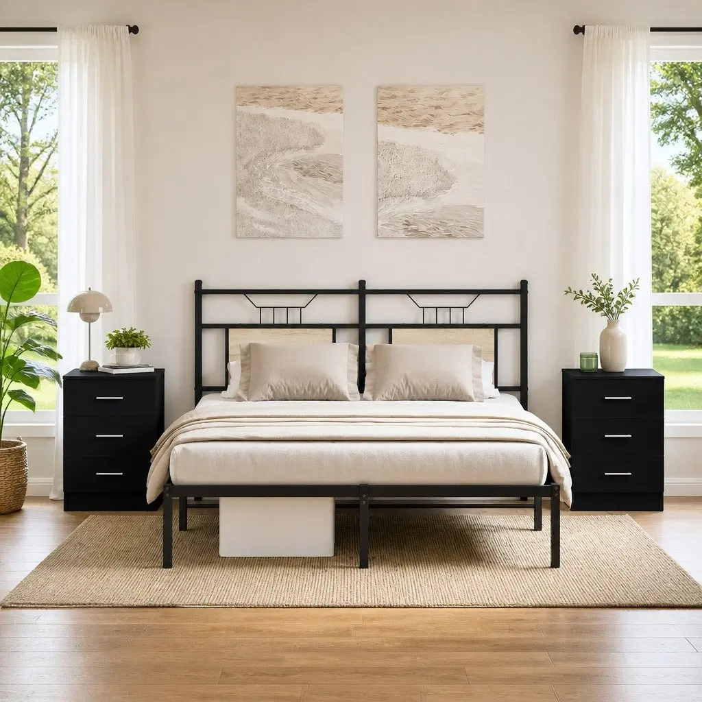 Bedside Cabinets Black Nightstand with Three Drawers 38 x 35 x 56 cm 2 pcs