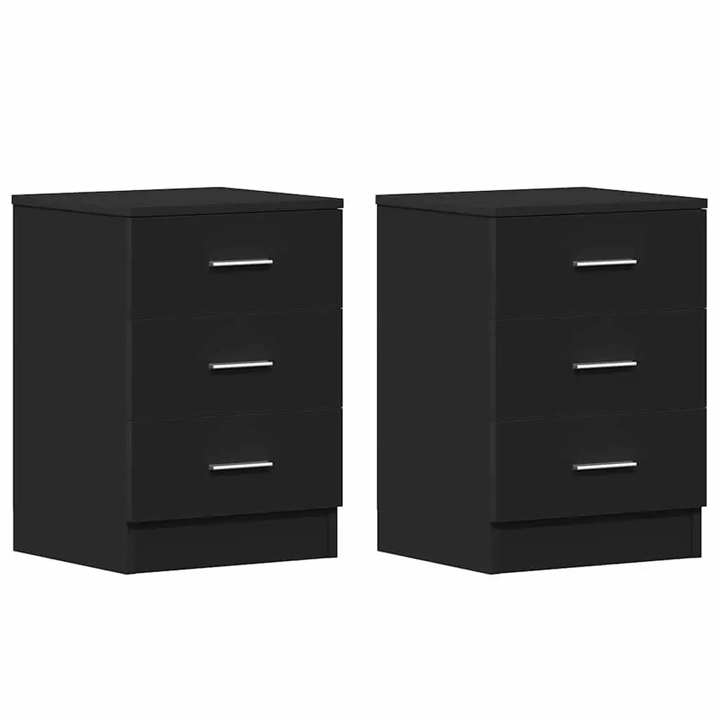 Bedside Cabinets Black Nightstand with Three Drawers 38 x 35 x 56 cm 2 pcs
