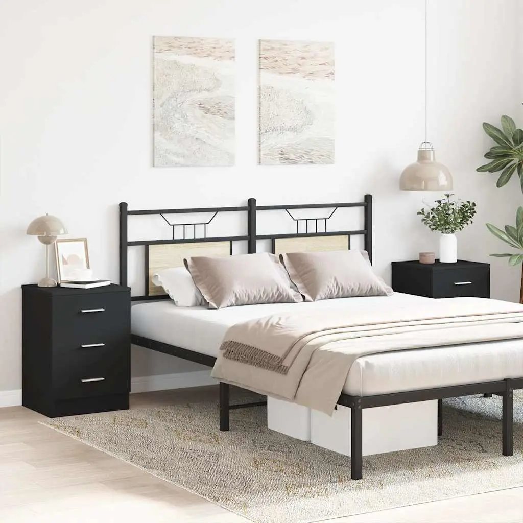 Bedside Cabinets Black Nightstand with Three Drawers 38 x 35 x 56 cm 2 pcs