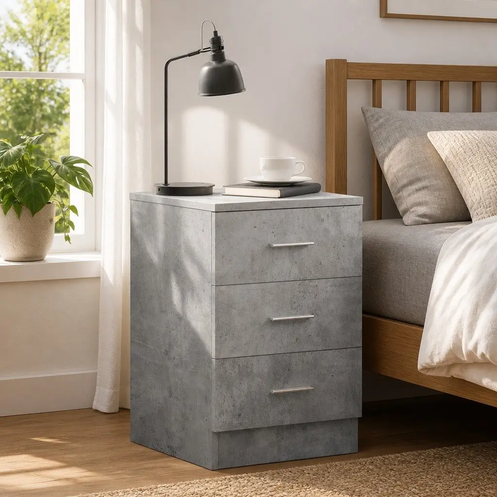 Bedside Cabinet Nightstand Concrete Grey 3 Drawers Bedroom Storage Table