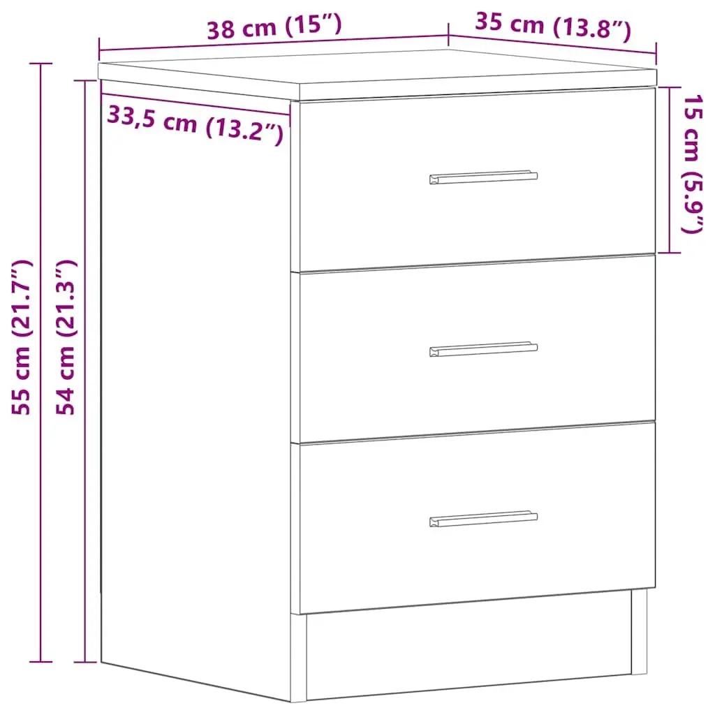 Bedside Cabinet Nightstand Concrete Grey 3 Drawers Bedroom Storage Table