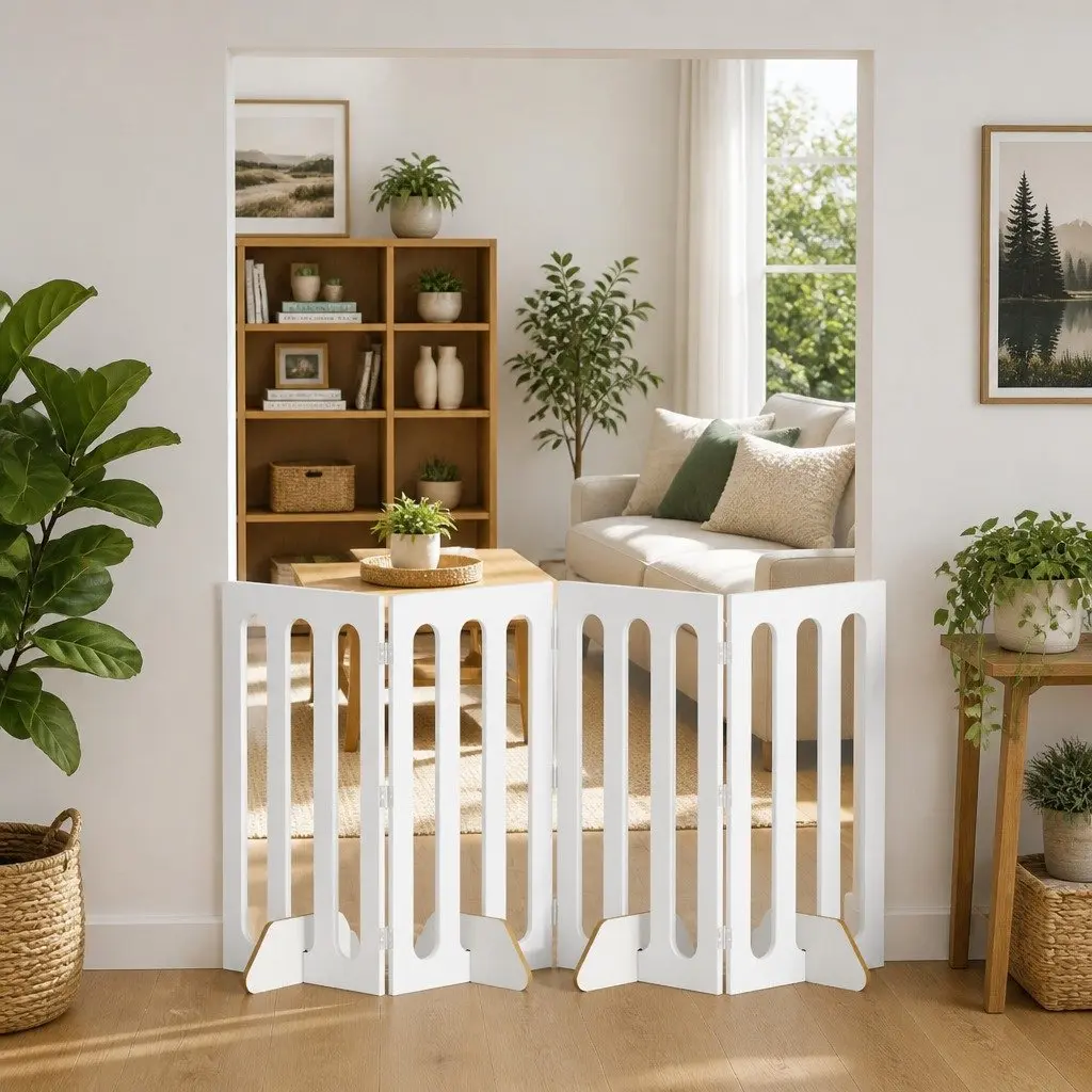 Folding Pet Fence White 4 Panels Indoor Dog Barrier Room Divider