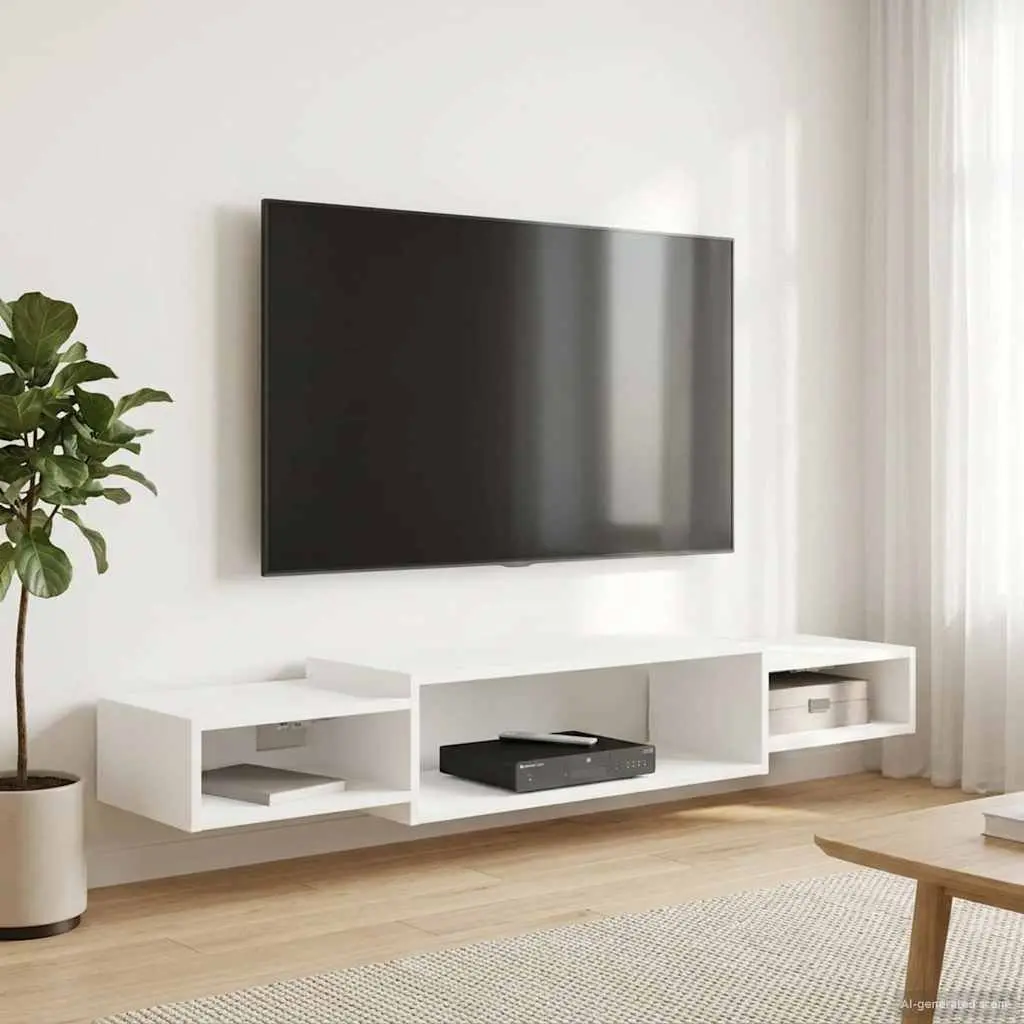 Wall-Mounted TV Cabinet White 140x28x21cm Floating Shelf Open Storage Unit