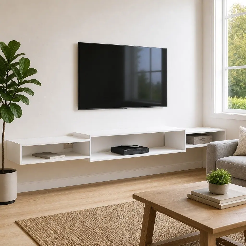 Wall-Mounted TV Cabinet White Shelving Unit Open Storage Wall Shelf 220x28x21cm