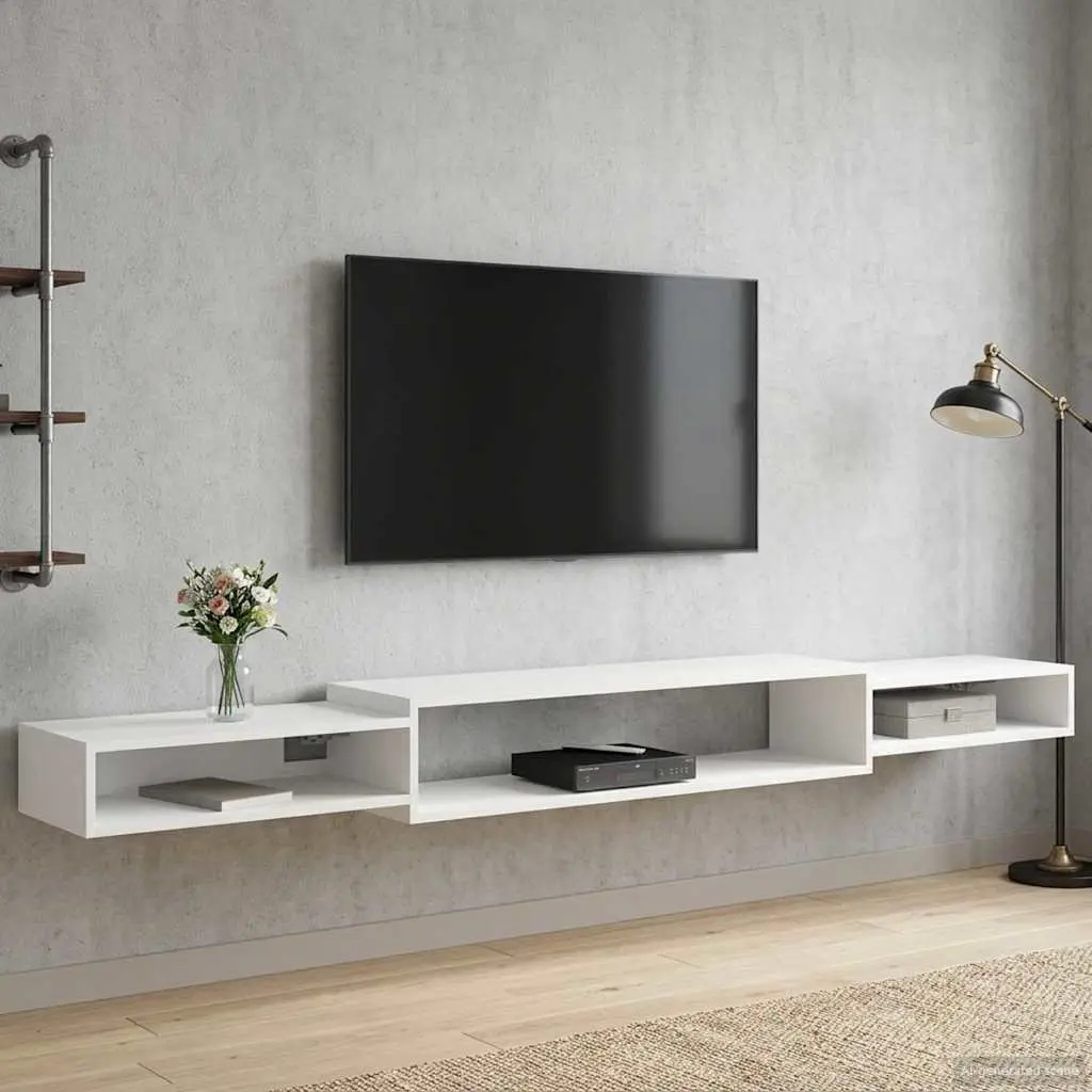Wall-Mounted TV Cabinet White Shelving Unit Open Storage Wall Shelf 220x28x21cm