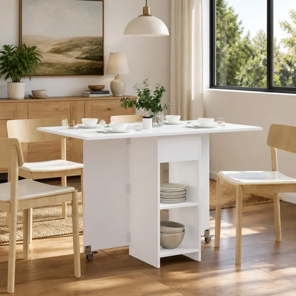 Folding Dining Table White Engineered Wood 115 x 70 x 75 cm with Storage Shelves