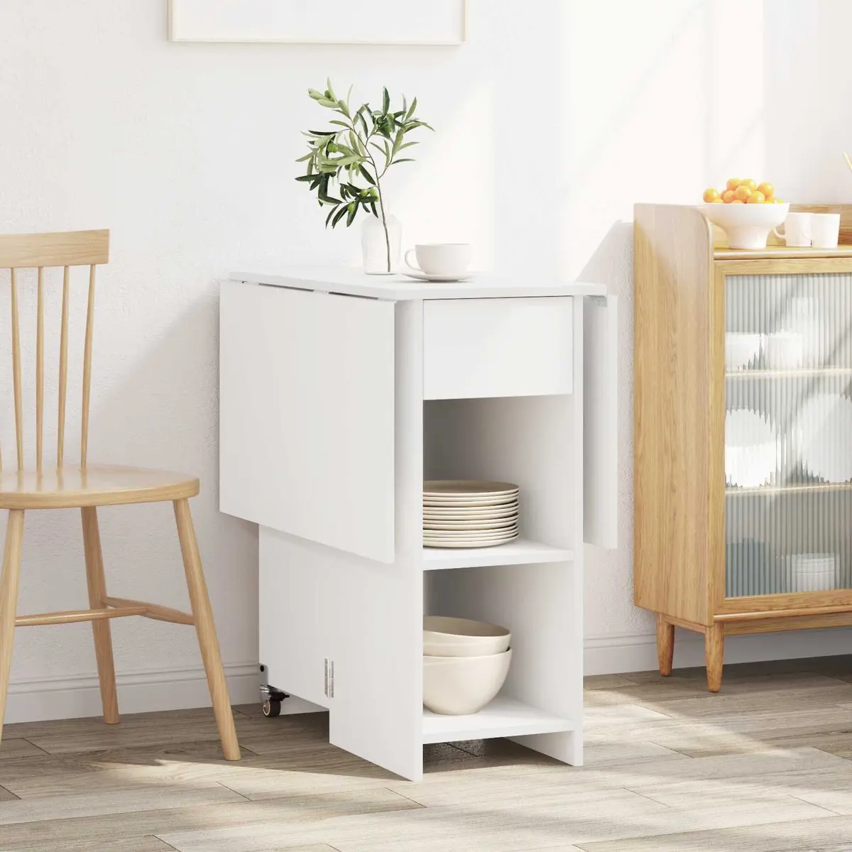 Folding Dining Table White Engineered Wood 115 x 70 x 75 cm with Storage Shelves