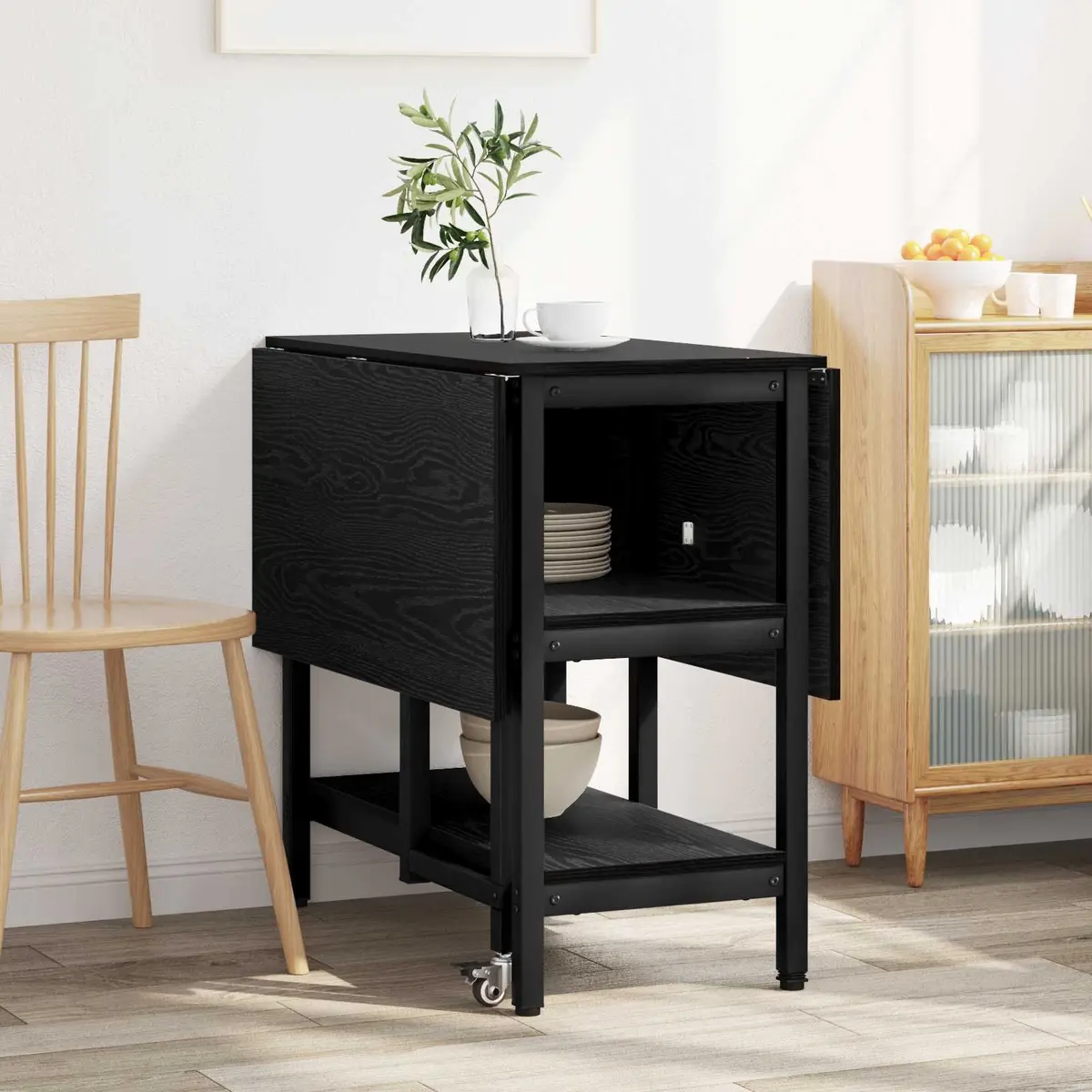 Dining Table Engineered Wood Black Oak 122x80x76.5cm Rectangular with Storage Shelves