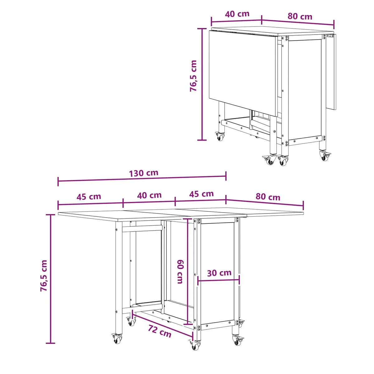 Folding Dining Table with Castors Black Engineered Wood Surface 130 x 80 x 76.5 cm