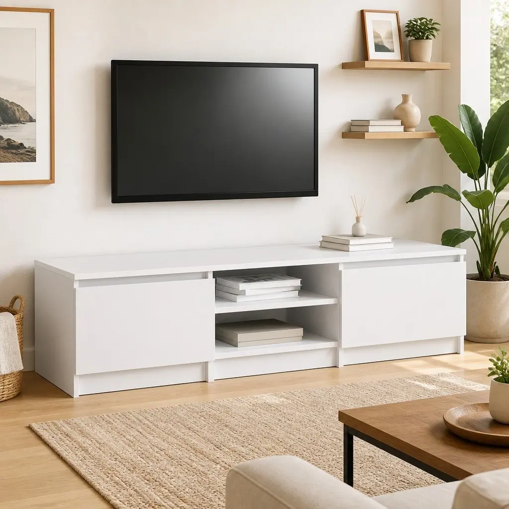 TV Cabinet White 140x40x35.5 cm with Doors Open Compartments Storage Unit