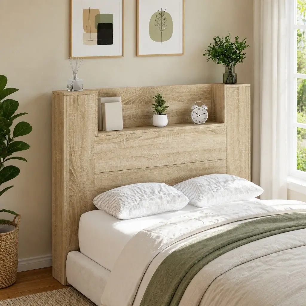 Headboard Cabinet Wall-Mounted Storage with LED Lights Tan 120cm Modern