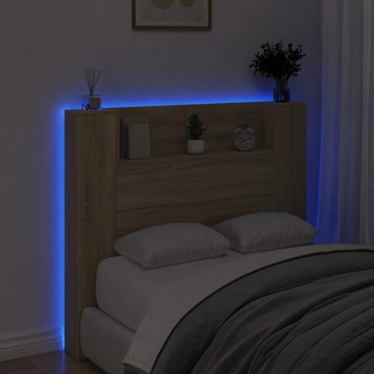 Headboard Cabinet Wall-Mounted Storage with LED Lights Tan 120cm Modern