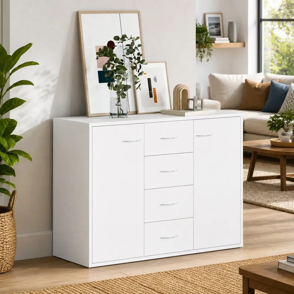 Sideboard Buffet Cabinet Contemporary Minimalist White 88x30x65cm with 4 Drawers 2 Doors