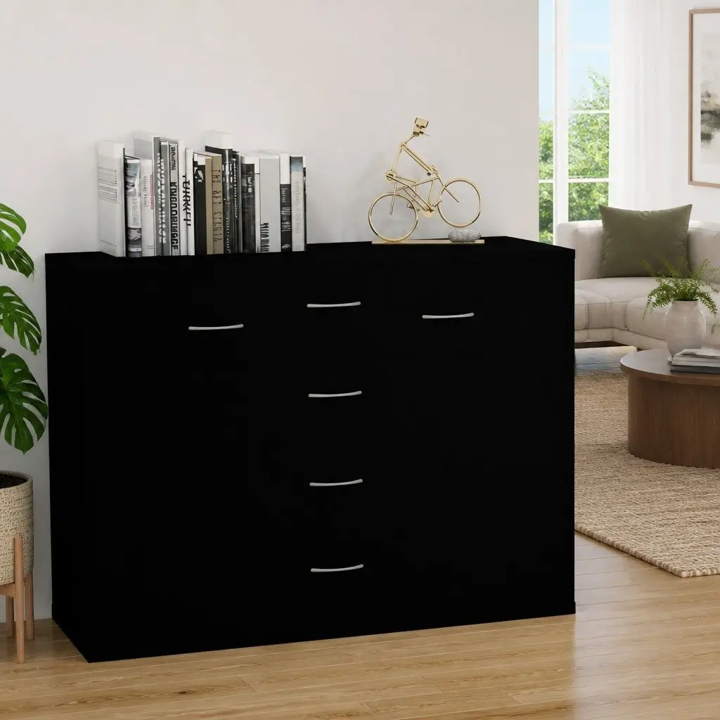 Sideboard Storage Cabinet Black 4 Drawer 2 Door Engineered Wood Buffet Furniture