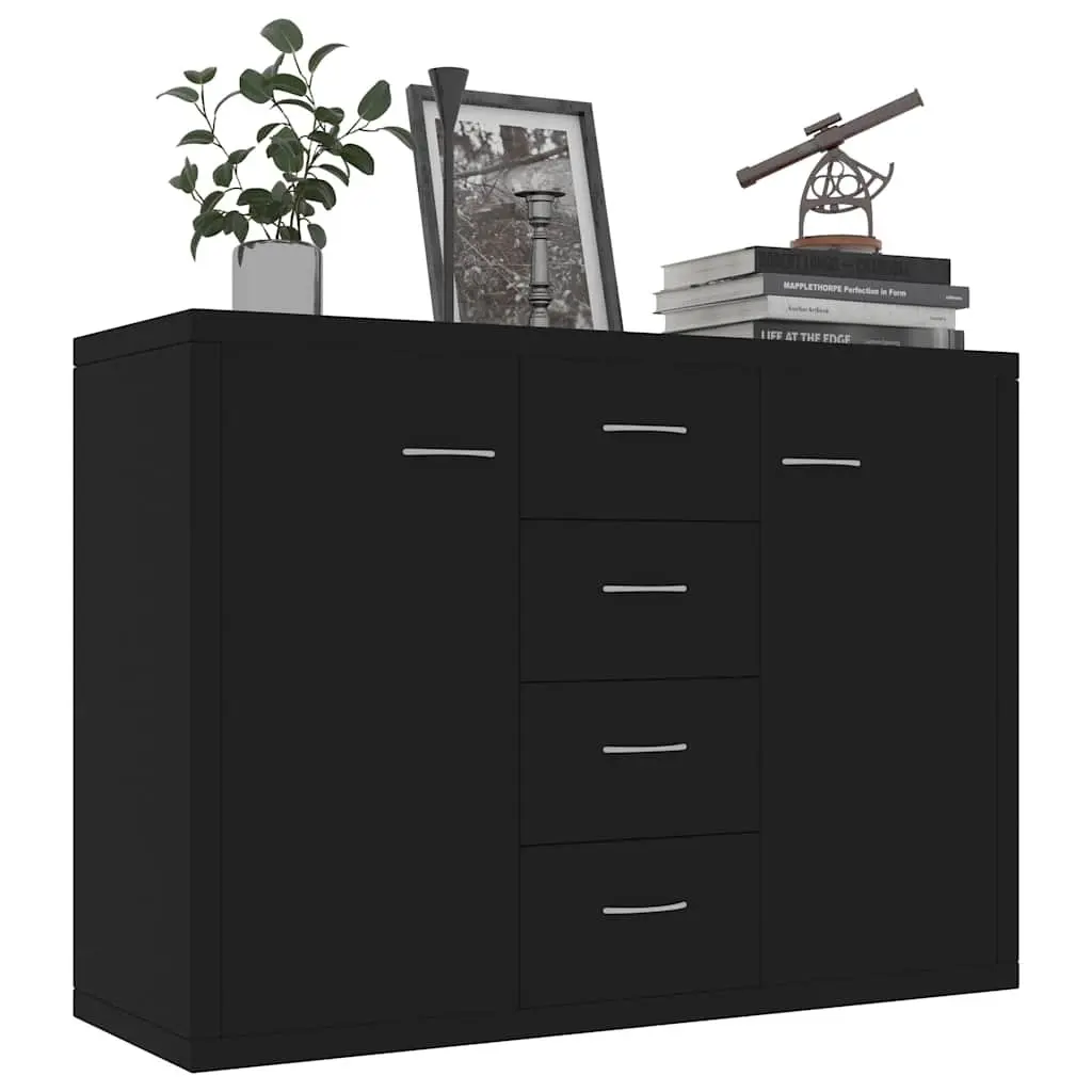 Sideboard Storage Cabinet Black 4 Drawer 2 Door Engineered Wood Buffet Furniture