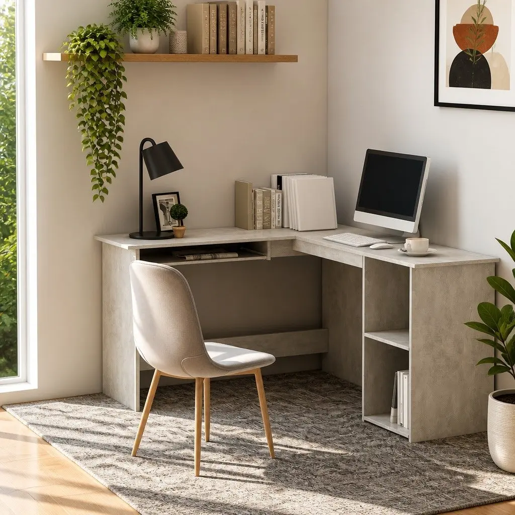 L-Shaped Desk Grey Modern Office Workstation with Spacious Surface Sliding Keyboard Tray and Open Shelves
