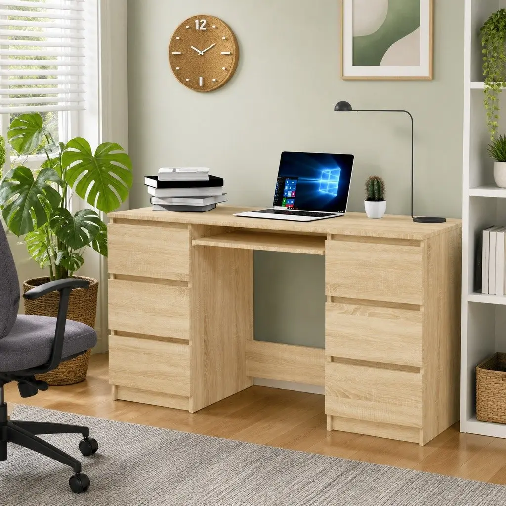 Writing Desk with 6 Drawers Brown Engineered Wood Office Workstation 140 x 50 x 77 cm
