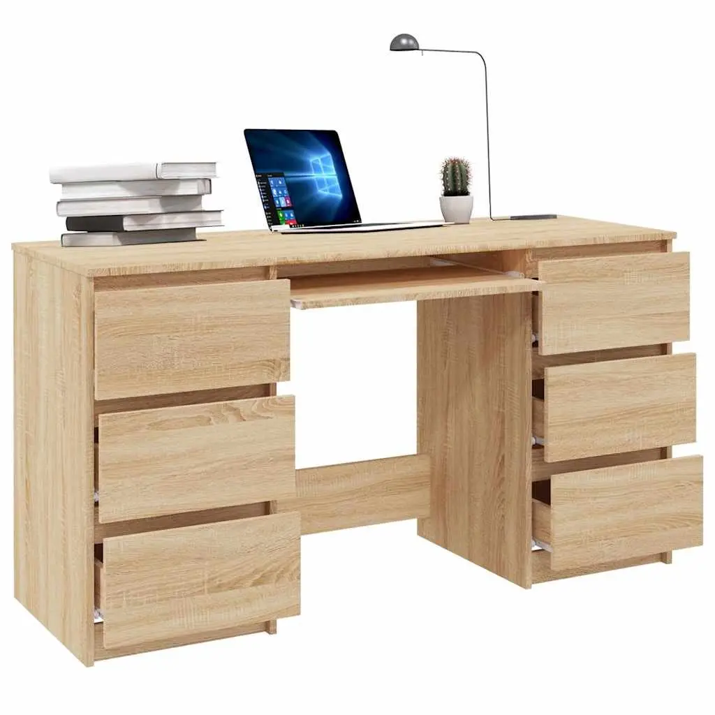 Writing Desk with 6 Drawers Brown Engineered Wood Office Workstation 140 x 50 x 77 cm