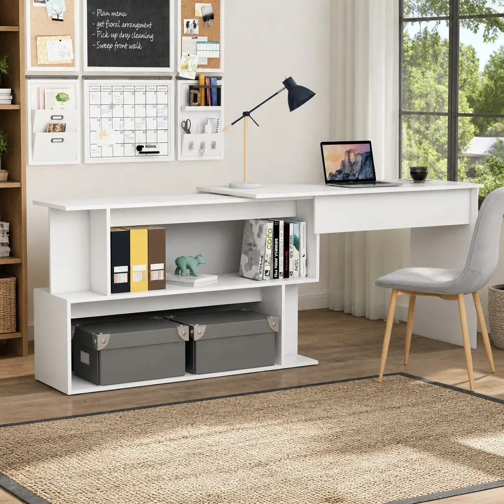 Corner Desk Engineered Wood White Rotating Workstation 200x50x76cm
