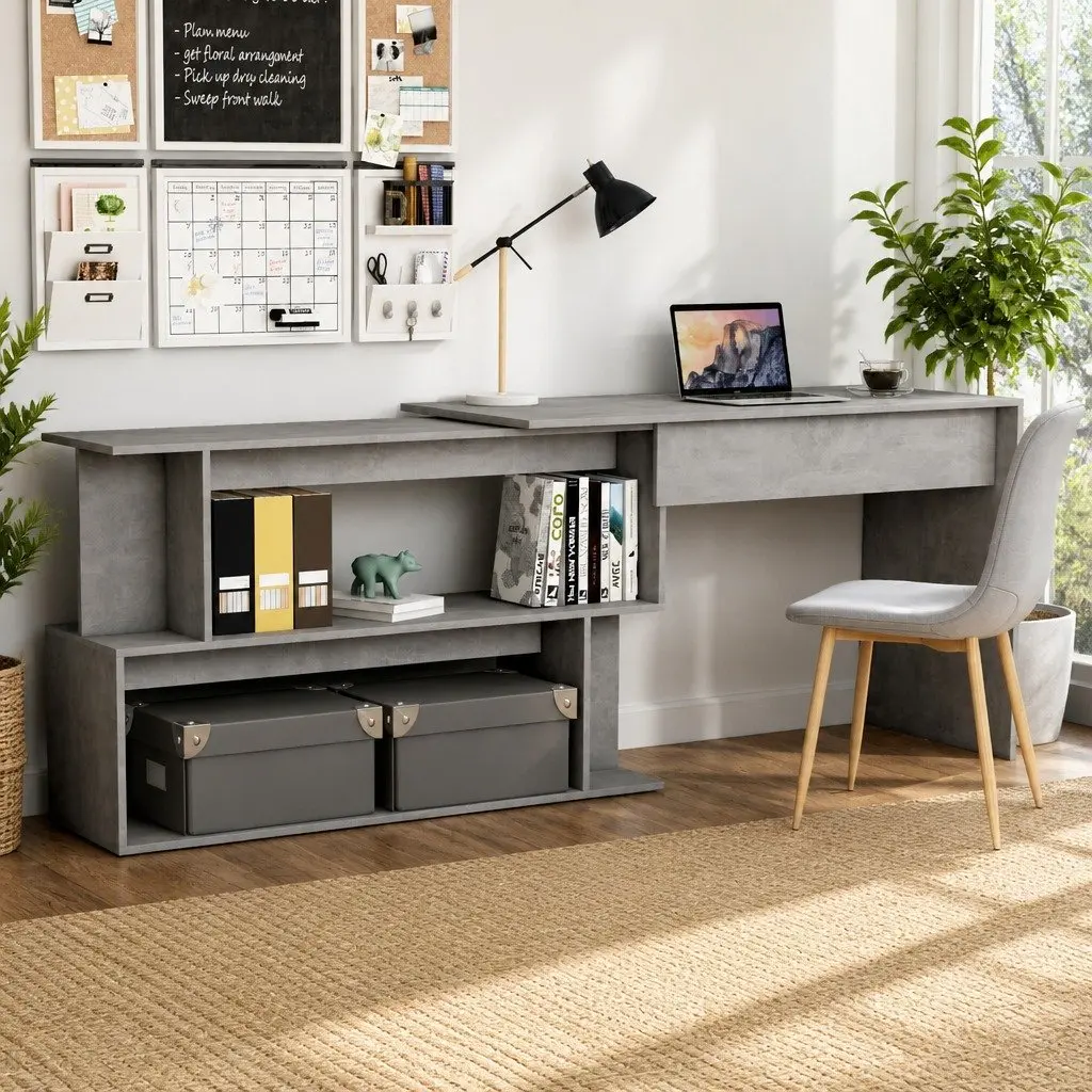 Corner Desk Grey Engineered Wood Rotatable Office Workstation Storage