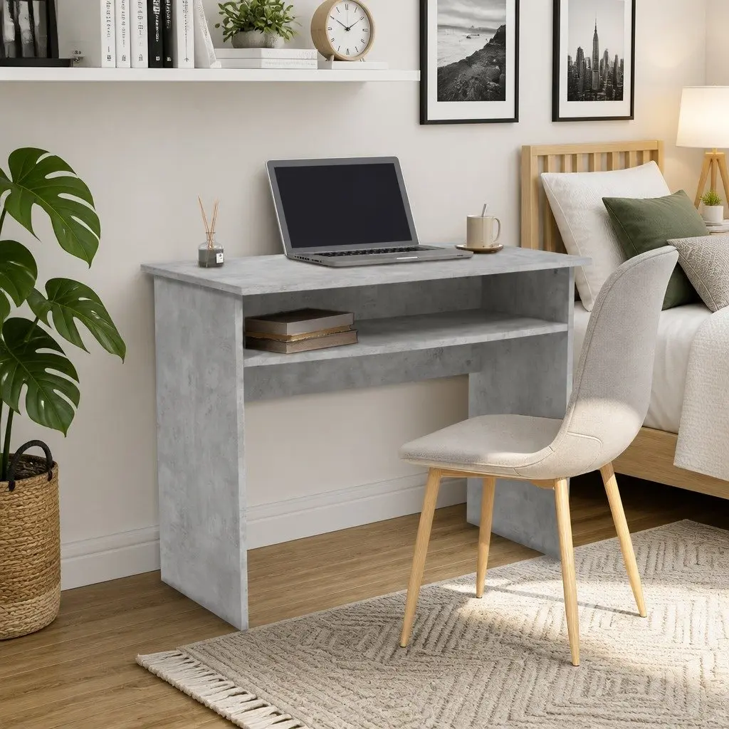 Computer Desk Grey Engineered Wood 90cm with Storage Shelf
