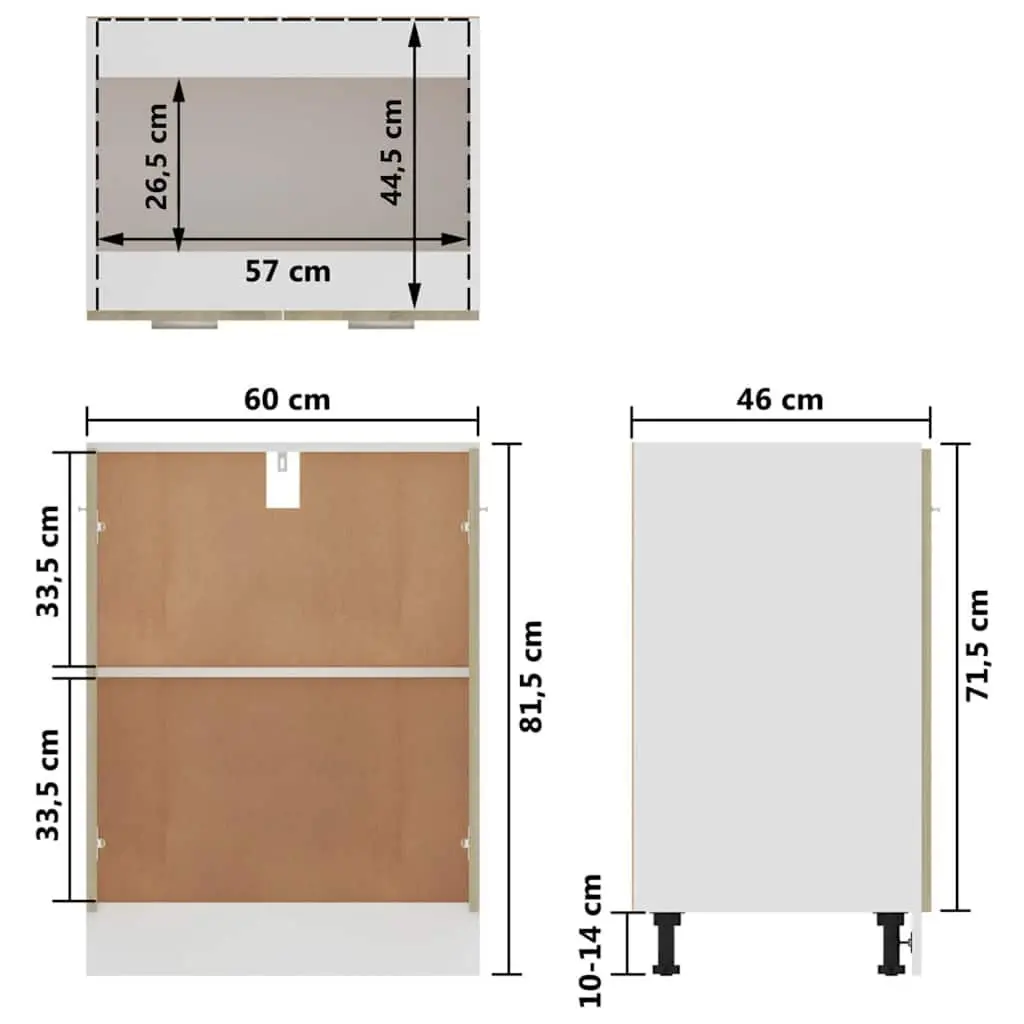 Sonoma Oak Bottom Kitchen Cabinet with 2 Doors and 2 Shelves 60x46x81.5 cm Storage Unit