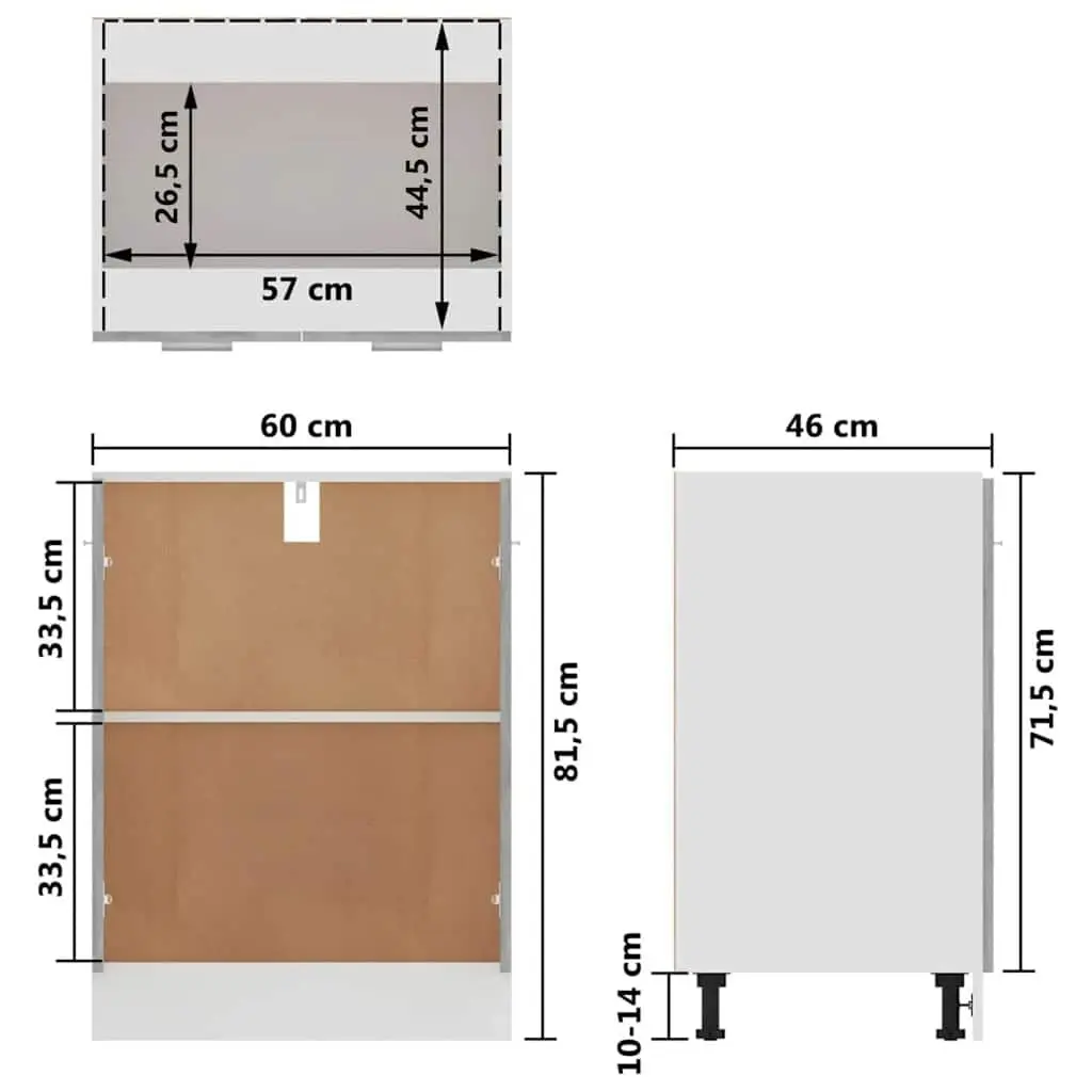 Bottom Kitchen Cabinet Grey Storage Cupboard Engineered Wood Two Doors Shelves 60W x 46D x 81.5H cm