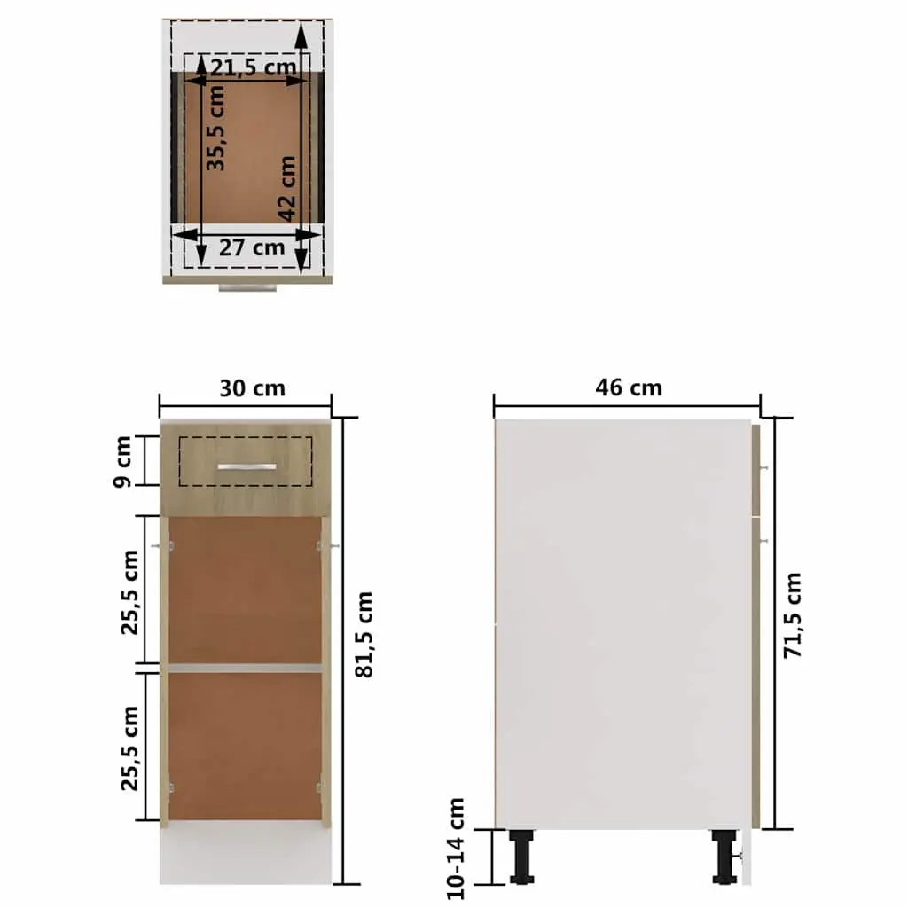 Cabinet Kitchen Storage Drawer Bottom Brown Engineered Wood 30W x 46D x 81.5H cm