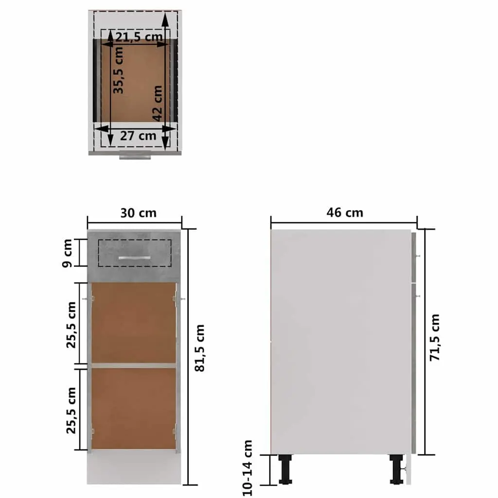 Drawer Bottom Cabinet Grey Kitchen Storage Cupboard with Two Shelves and One Drawer 30W x 46D x 81.5H cm