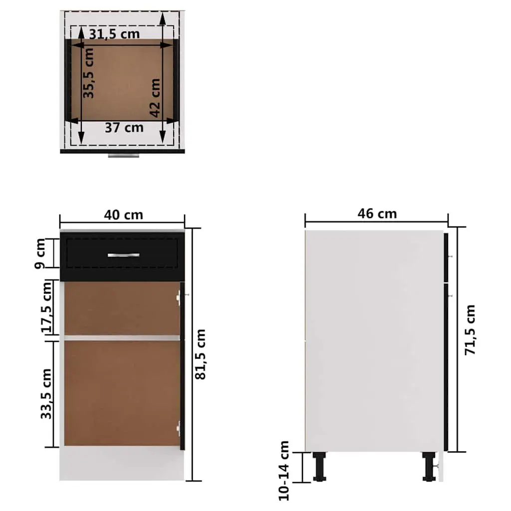 Kitchen Drawer Bottom Cabinet Black Storage Cupboard Shelves Door Organiser