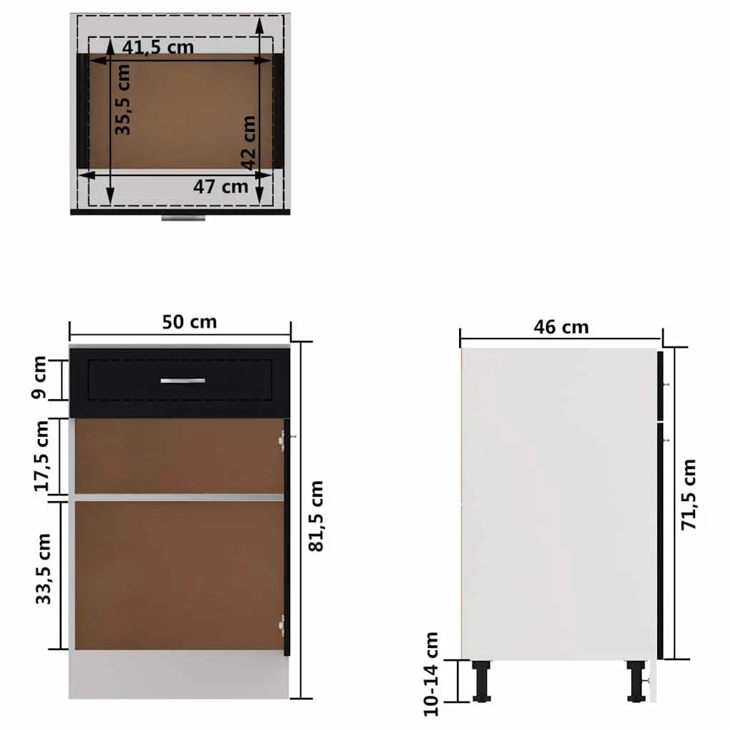 Kitchen Cabinet Black Engineered Wood Drawer Bottom Storage Cupboard 50 x 46 x 81.5 cm