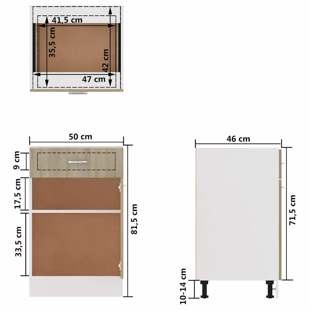 Kitchen Drawer Bottom Cabinet Storage Brown Cupboard Shelves Engineered Wood