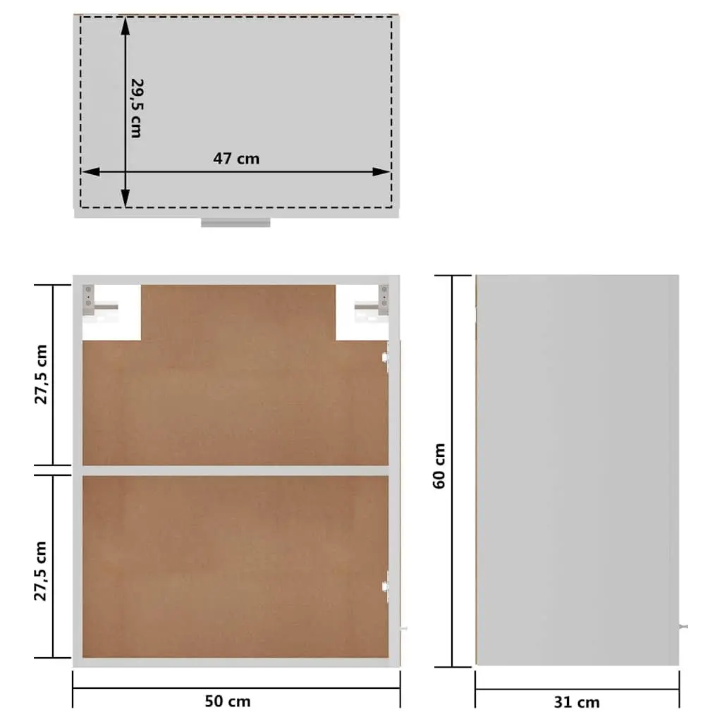 Hanging Kitchen Cabinet White Wall-Mounted Storage Engineered Wood Two Shelves 50W x 31D x 60H cm
