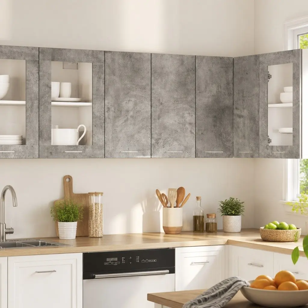 Hanging Kitchen Cabinet Grey Storage Shelves Engineered Wood Organiser Unit 60W x 31D x 60H cm