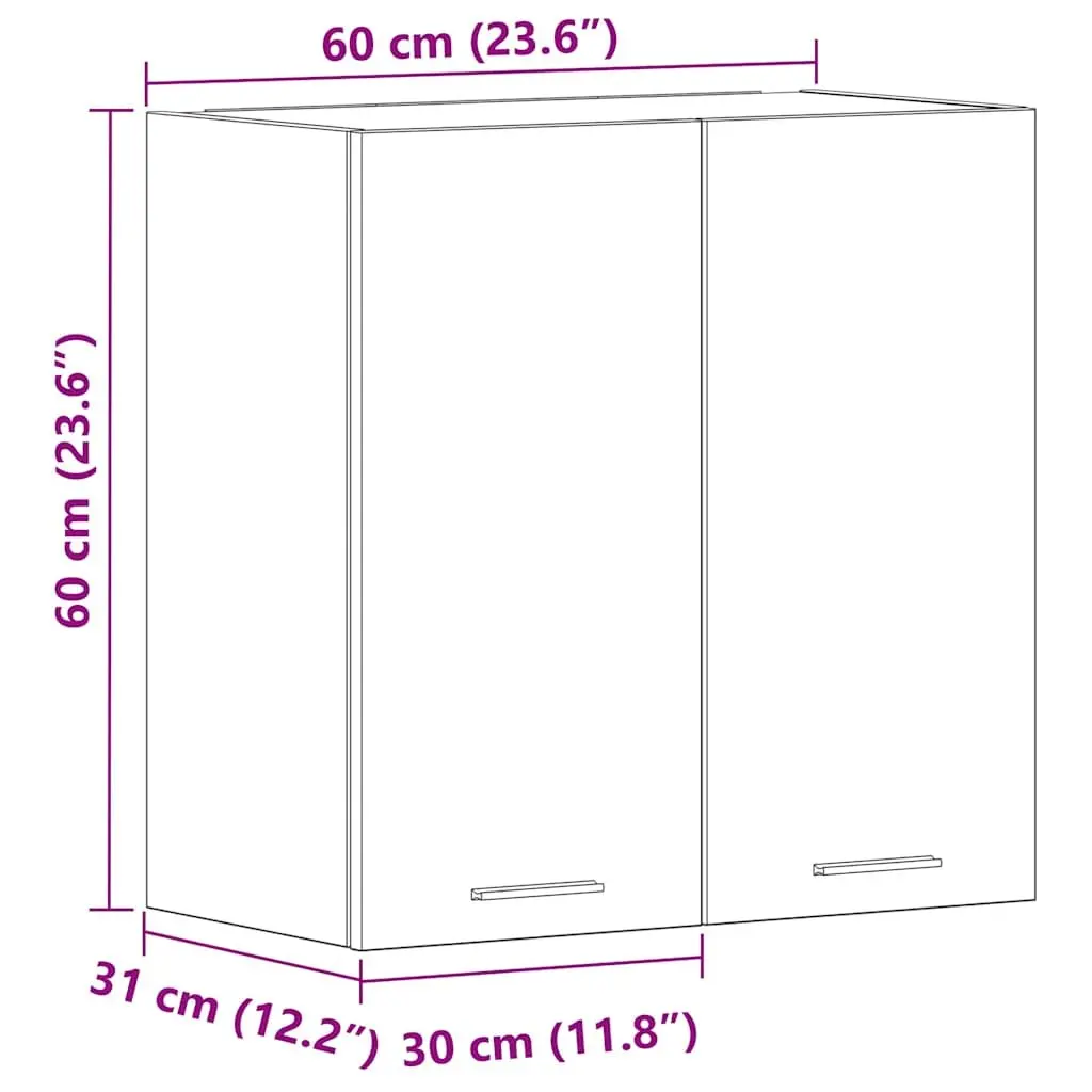 Hanging Kitchen Cabinet Grey Storage Shelves Engineered Wood Organiser Unit 60W x 31D x 60H cm