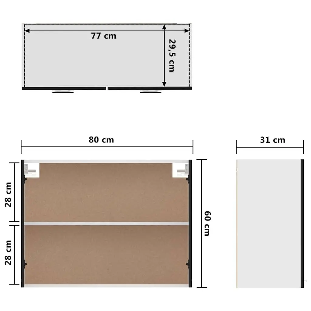 Hanging Kitchen Cabinet Black Engineered Wood Two Shelves Doors 80 x 31 x 60 cm