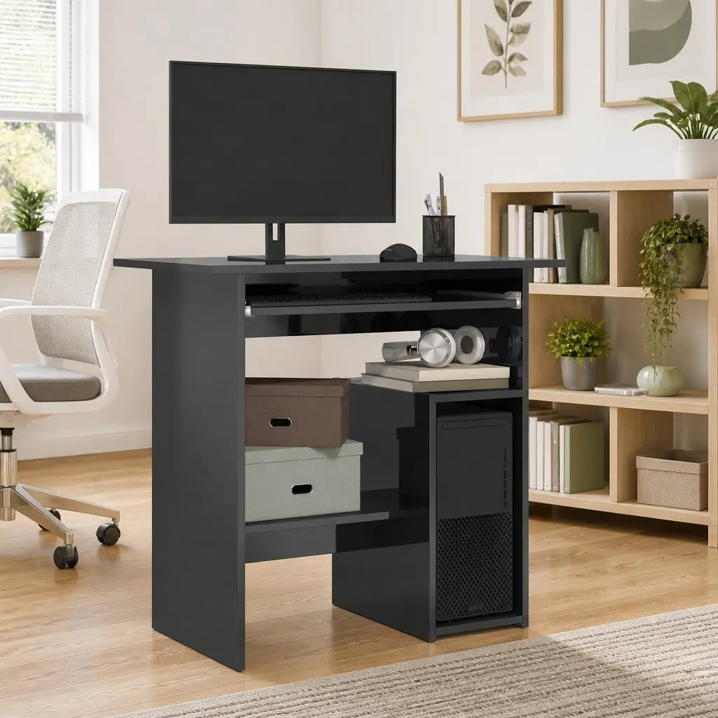 Office Desk High Gloss Grey Computer Workstation Study Table with Keyboard Tray