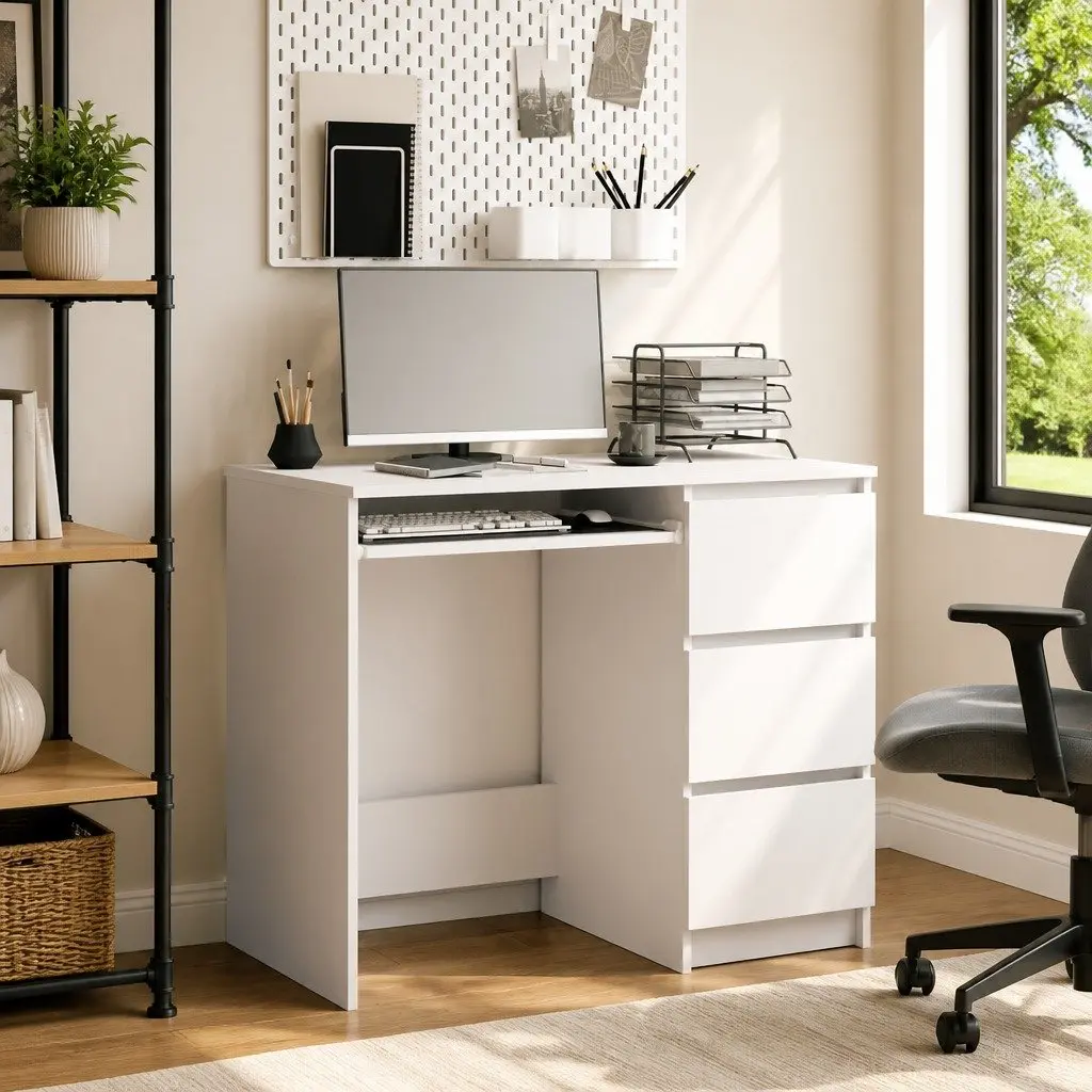 Office Desk White Engineered Wood Compact 90cm